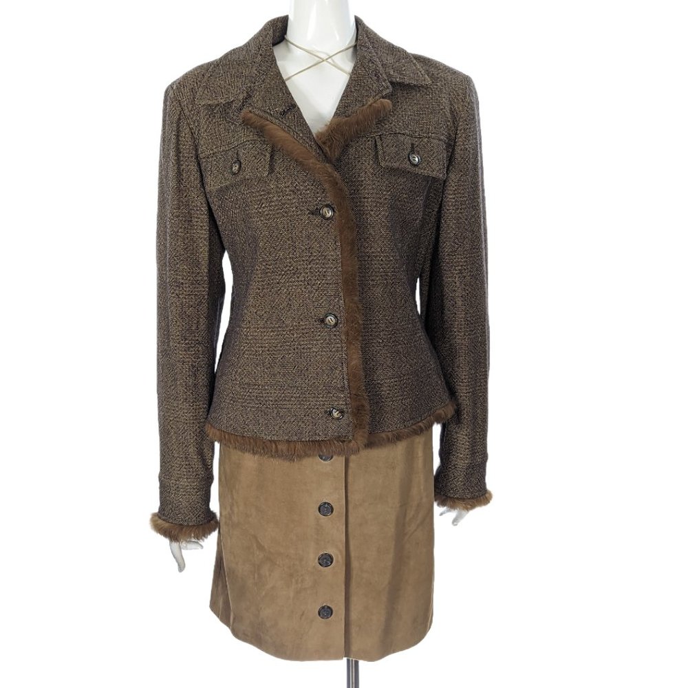 Sportsmax Women's Wool Blazer Fur Trim Sz 12 EUC